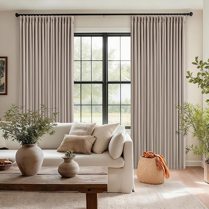 Pinch Pleated Blackout 102 Inch Bedroom Curtains 2 Panels Set Linen Dual Layer Soundproof Farmhouse Window Drapes for Living Room with Hooks Rings Back Tab 100% Black Out Window Drapes 40x102