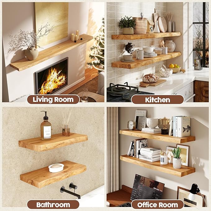 fuqing Live Edge Floating Shelves for Wall 40 inch, 8 Inch Deep Solid Elm Wood Floating Wall Shelves - Rustic Wooden Shelves with Invisible Brackets for Living Room Bedroom Kitchen, 1 Pack, Natural