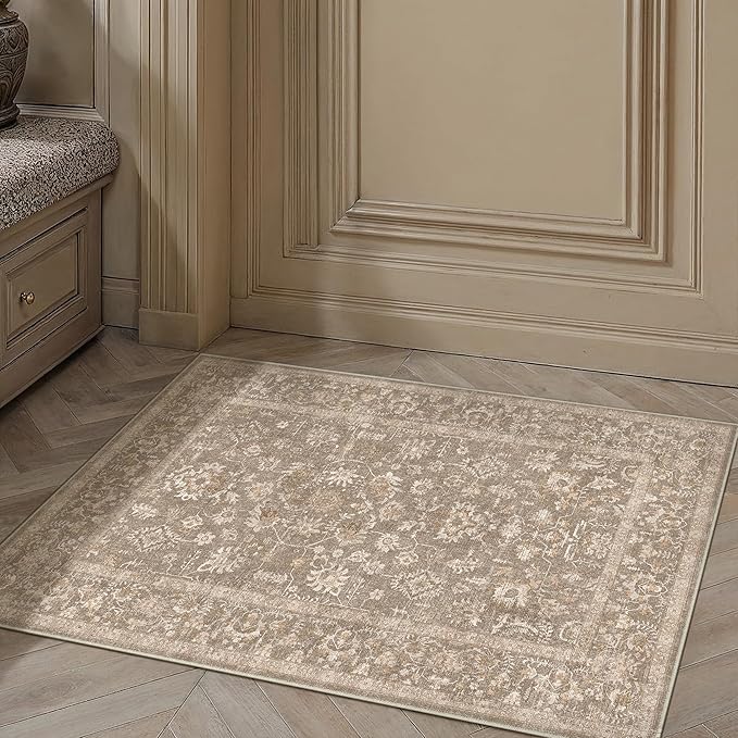 2x3 Deep Brown Entryway Area Rug Machine Washable Door Mat Kitchen Vintage Distressed Non Slip Carpet Indoor Retro Floral Accent Throw Small Rug for Bathroom Office Bedroom Living Dining Room