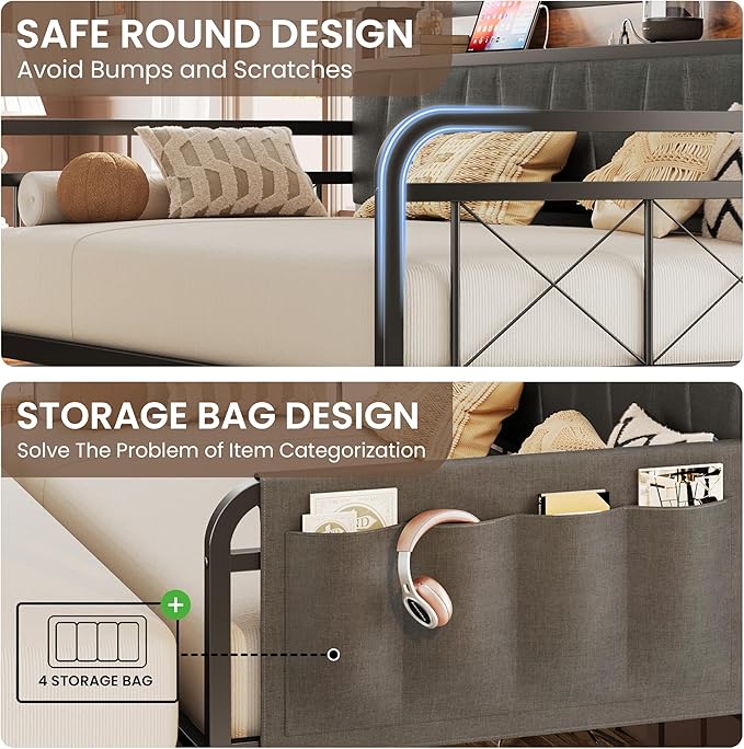LIKIMIO Daybed with Trundle Bed, Twin XL Bed Frame with Storage Headboard and Charging Station, Sofa Day Bed with Strong Supports for Living Room, Bedroom, and Guest Room, Grey