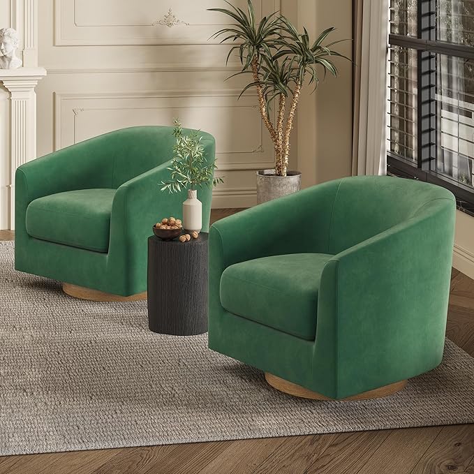Swivel Barrel Accent Chair with Solid Wood Base, Round Velvet Living Room Arm Chairs, Modern Upholstered Comfty Reading Nook Chairs for Bedroom, Club Armchair, Single Sofa Side Chair, Green