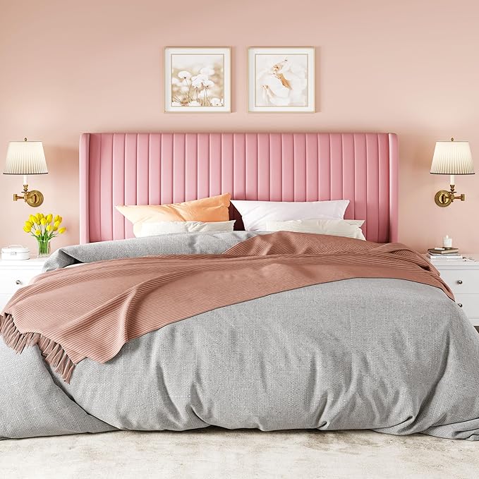 Allewie King Size Velvet Bed Frame/Vertical Channel Tufted Wingback Headboard/Upholstered Platform Bed/Strong Wooden Slats/No Box Spring Needed/Easy Assembly/Pink