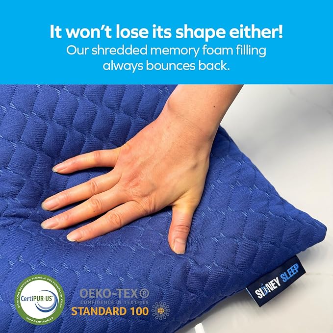 Sidney Sleep Mini Travel Size Neck Pillow - Knee, Back Lumbar and Support - Small Curved Pillow - Adjustable Fill - Washable Case - Drawstring Backpack Included - 14 x 19 Inches (Mini - Blue)