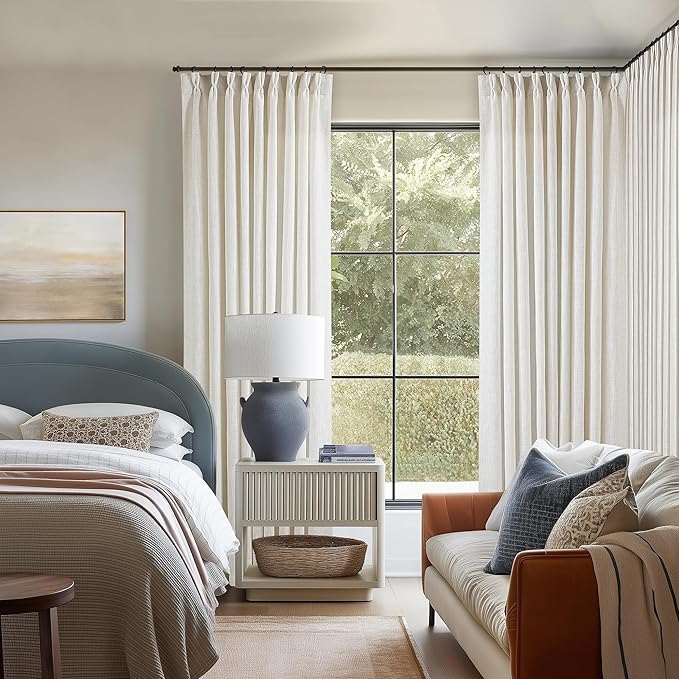 Natural Pinch Pleated Linen Curtains 1 Panel for Living Room Bedroom Memory Training Shaped Semi Sheer Pleat Drapes with Hooks Rings Light Filtering Window Curtain 60x108