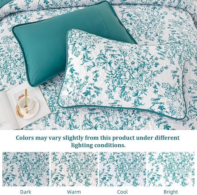 WONGS BEDDING Quilt King Size, Teal Quilt Bedding Set with 2 Pillowcases, Botanical Quilt for King Bed, Soft Microfiber Lightweight Coverlet Bedspread for All Season (110"×90", 3 Pieces)
