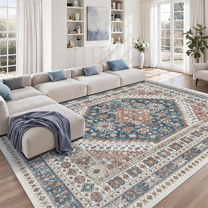 zesthome 8x10 Area Rugs for Living Room,Non-Slip Backing Washable Rugs,Vintage Large Area Rug，Stain Resistant Home Decor Rug (Navy Blue/Red,8'x10')