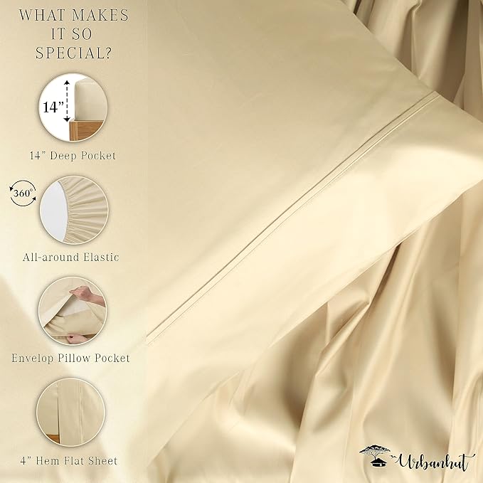 URBANHUT 800 Thread Count 100% Cotton Twin Size Sheets, Luxury 4 Piece Twin Bedsheets, Hotel Sheets Sateen Finish - Better Than Egyptian, 14" Elasticized Deep Pocket - Sand