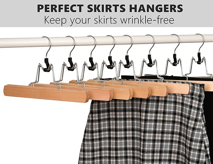 Amber Home 10 Pack Natural Wooden Pants Hangers, Wood Clamp Hangers with Non Slip Padded Velvet, Jeans/Slacks Hangers Hair Extension Hangers for Skirts, Trousers, Wigs (Natural, 10)