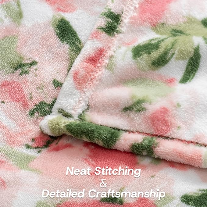Luxury Printed Fleece Warm Blanket, Soft Lightweight Velvety Plush Throw for Couch and Bed, Cozy Comfy for All Seasons(Ivory Pink Flowers, 108×90 Inches)