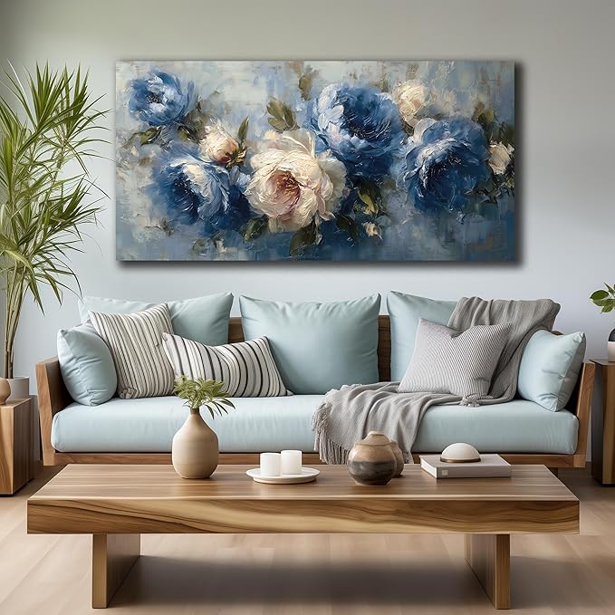 JuhaiArt Blue Wall Art Bedroom Large Flower Canvas Wall Decor Peony Floral Picture Art White Artwork for Living Room Office 29" x 59"