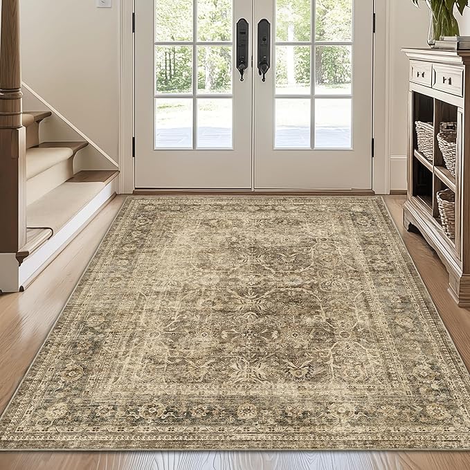 FMFUNCTEX 4x5 Washable Area Rug Neutral Vintage Brown Non Slip Low Pile Traditional Indoor Carpet for Entryway Living Room Bedroom Soft Retro Floral Mat Throw Rug for Dining Office Kitchen Entryway