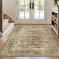 FMFUNCTEX 4x5 Washable Area Rug Neutral Vintage Brown Non Slip Low Pile Traditional Indoor Carpet for Entryway Living Room Bedroom Soft Retro Floral Mat Throw Rug for Dining Office Kitchen Entryway
