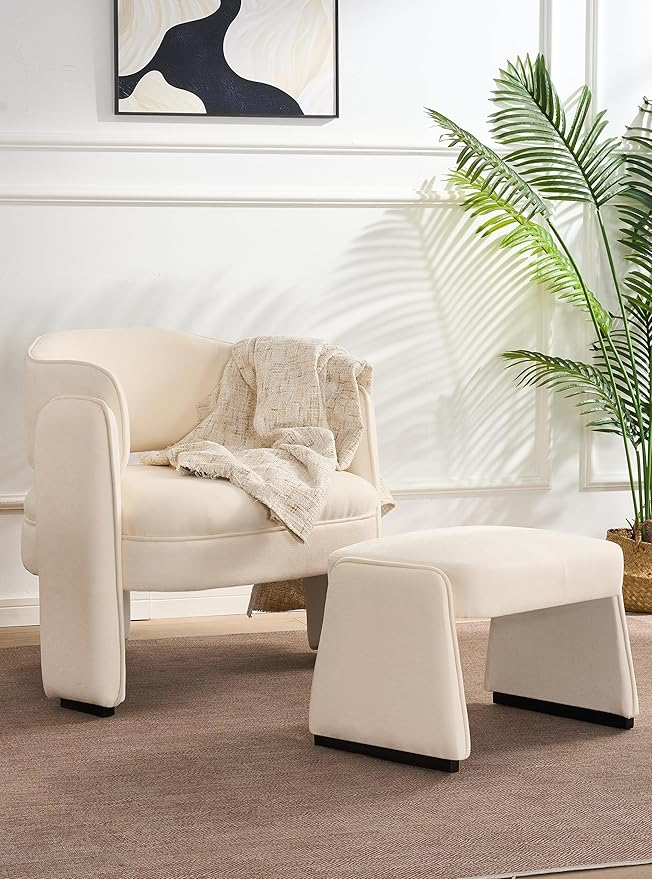LOULENS Accent Chair with Ottoman, Oversized Barrel Chair, Modern Upholstered Comfy Armchair for Living Room, Bedroom, Reading Room & Corner, Beige