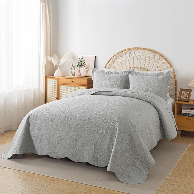 HoneiLife Quilt Set Queen Size - 3 Pieces Queen Quilt Bedding Set Microfiber Quilt Sets Lightweight Bedspreads Reversible Coverlets Retro Bed Cover Floral Bedding Set All Season Quilts-Light Grey