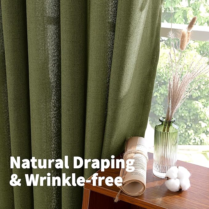 YoungsTex Olive Linen Curtains 63 Inch Length 2 Panels for Living Room Window, Dark Green Semi Sheer Drapes Light Filtering with Bronze Grommet for Bedroom Office, 42 X 63 Inch