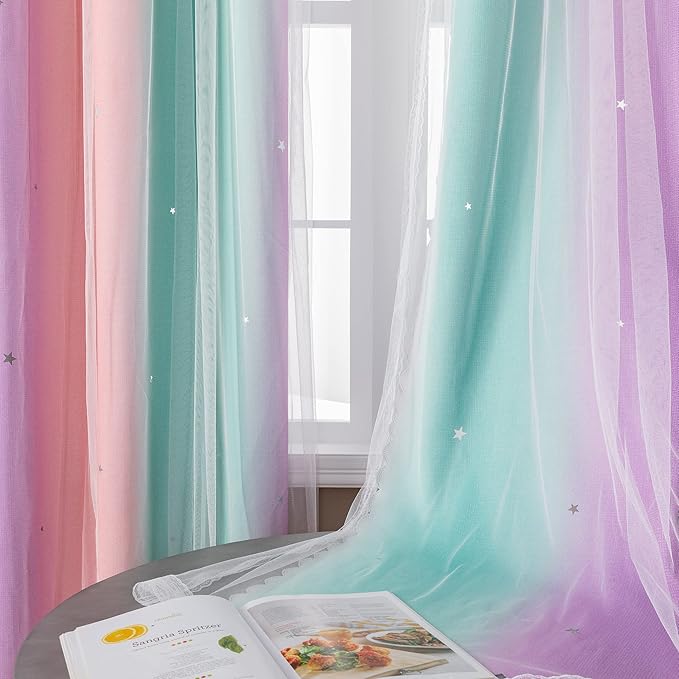 XiDi Curtains for Bedroom Decor, Rainbow PinkPuGreen-34-96