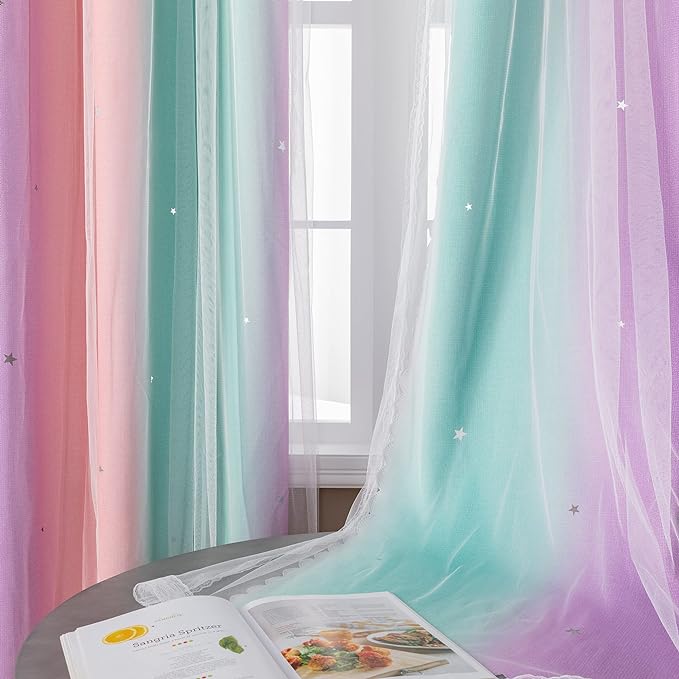 XiDi Curtains for Bedroom Decor, RainbowPink Purple Green 42/84/1