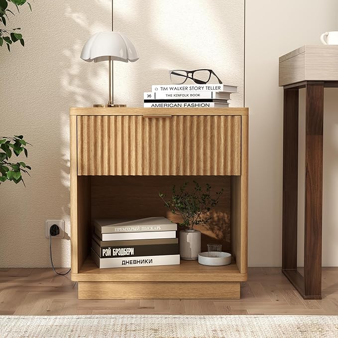 Miereirl Fluted Nightstands Set of 1 with Charging Station, LED Nightstand with Rounded Edge, 22" W Farmhouse Nightstand for Bedroom, Natural Oak