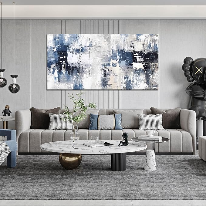 Prepeyssee White and Blue Abstract Canvas Wall Art for Living Room Bedroom Home Office Large Modern Grey Abstract Canvas Prints Picture Ready to Hang Size 29x59
