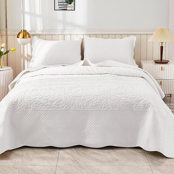 MarCielo 100% Cotton Quilt Set - 3-Piece Embroidered Farmhouse Bedspread & Shams, All-Season Breathable Bedding(Bright White,King)
