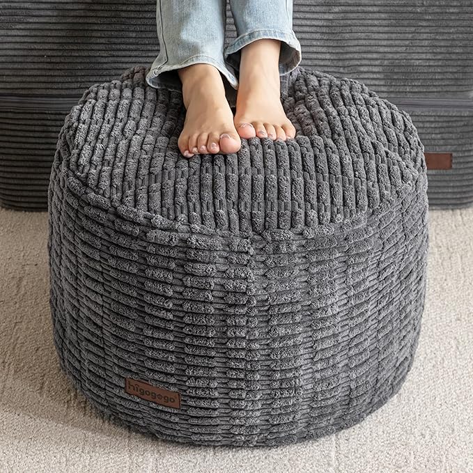 HIGOGOGO Pouf Ottoman Stuffed Round Modern Foam Filled Foot Rest Poufs for Living Room Chair Decorative 26 X 18 Inches Boho Relax Stool for Wedding Christmas Party, Dark Grey