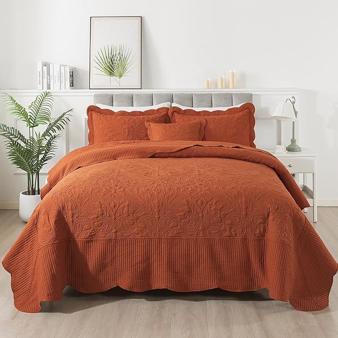 HoneiLife Oversized King Bedspreads - California King Quilt 128x120, 4-Piece Cal King Quilt Sets,Rustic Bedding Sets King Size,Extra Large Coverlets Lightweight Bed Cover for All Season Use-Rust