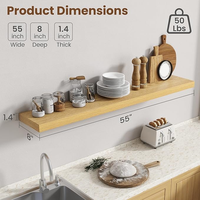 55 Inch Floating Shelves for Wall, 8 Inch Deep Floating Shelf for Storage & Display, Rustic Wall Mounted Shelf with Invisible Brackets for Living Room, Kitchen, Bathroom, Home Decor, Set of 2, Oak