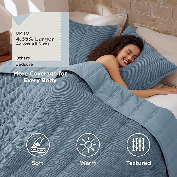 Bedsure Luxury Velvet Quilt King Size - Lightweight Velvet Blue Fluffy Comforter Set, Oversized Corduroy Bedspread Coverlet Winter Bedding Set, Pet-Friendly, Tear-Resistant, Ultra-Soft, 106"x96"