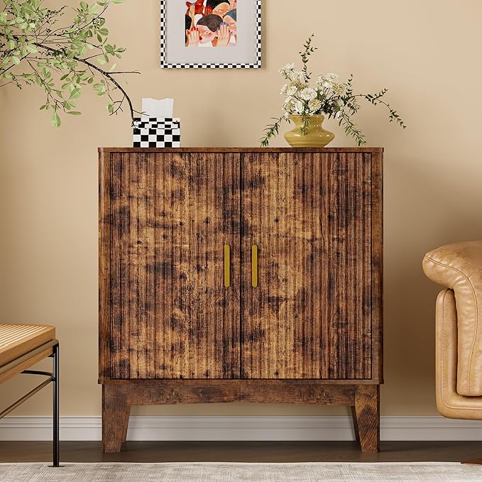 Storage Cabinet with Doors and Adjustable Shelf, Modern Fluted Sideboard Buffet Cabinet, Freestanding Coffee Bar for Kitchen, Pantry, Entryway, Living Room (Rustic Brown)