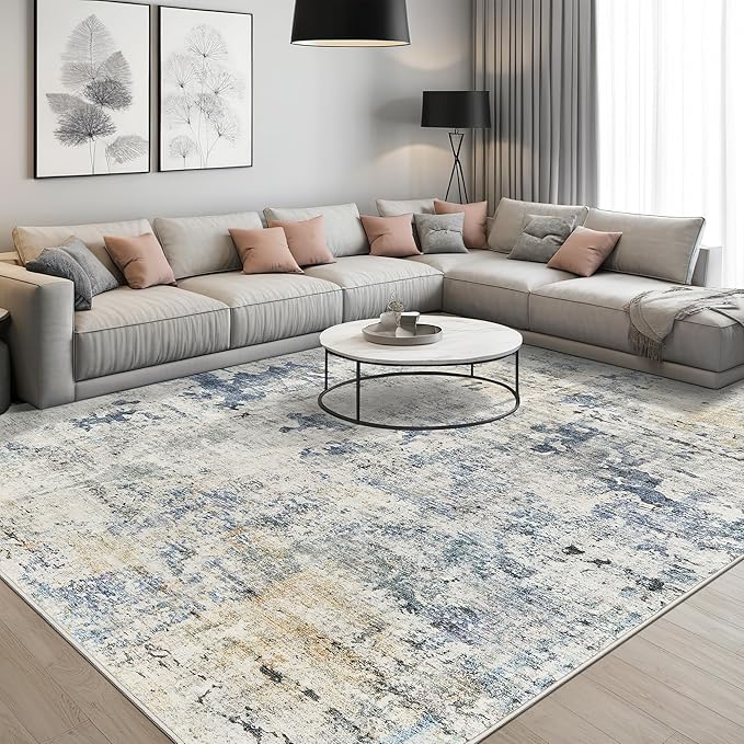 6x9 Abstract Area Rugs for Living Room 6 x 9 Washable Non Slip Low Pile Gray Rugs for Bedroom Dining Room Foldable Thin Blue Yellow