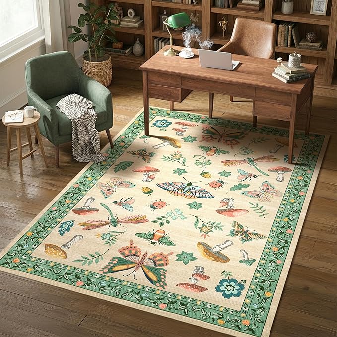 Mushroom 3x5 Area Rug Washable Non-Slip Small Indoor Rugs for Entryway with Rubber Back Soft Low-Pile Carpet for Kitchen Bedroom Living Room Mat Khaki Green