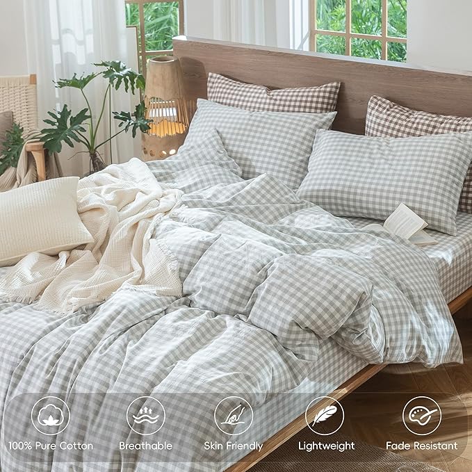 MooMee Gingham Duvet Cover Set 100% Washed Cotton Linen Like Textured Breathable Durable Soft Comfy Modern Checkered Design (Northern Droplet Grey Gingham, Palatial King/Oversized King 120"x98")