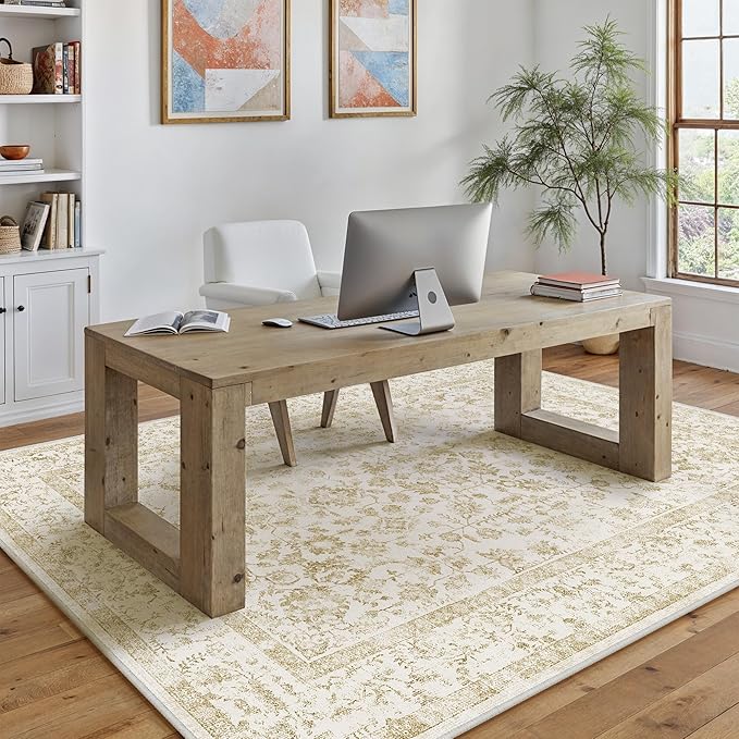 6x9 Brown Area Rug Non Slip Vintage Living Room Distressed Machine Washable Carpet Traditional Indoor Bedroom Brown Retro Floral Accent Throw Rug for Office Kitchen Dorm Dining Room