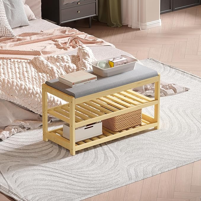 Shoe Bench Entryway, 100% Solid Solid Wood Shoe Rack Bench with Storage and Cushion Padded Seat, 3-Tier Shoe Organizer for Hallway Living Room, Mudrooms, Natural