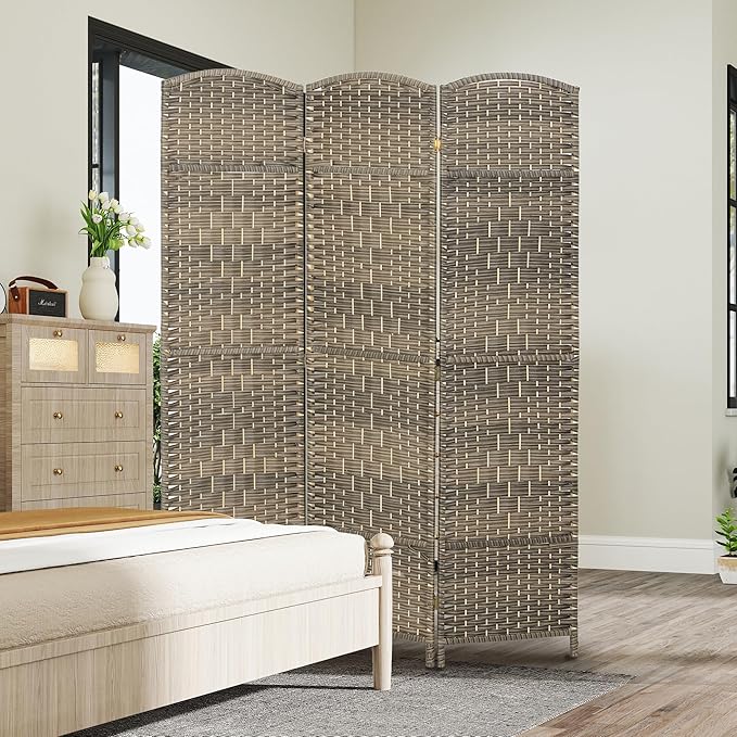 HOMCOM 3 Panel Room Divider, 6' Tall Folding Privacy Screen, Hand-Woven Freestanding Wall Partition for Home Office, Bedroom, Dark Rustic Oak