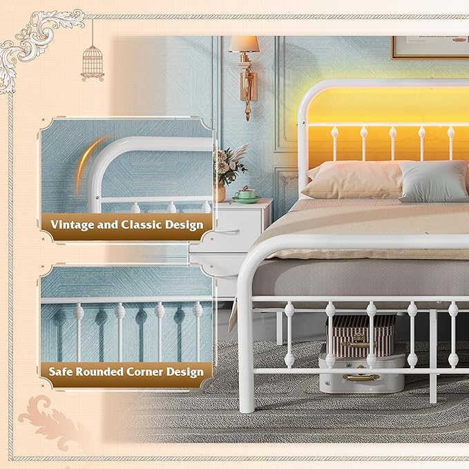 WLIVE Metal Platform Bed Frame, Full Size Bed Frame with Headboard, Bed Frames with LED Lights and Charging Station, 1500LBS Mattress Foundation, Under Bed Storage, No Box Spring Needed, White