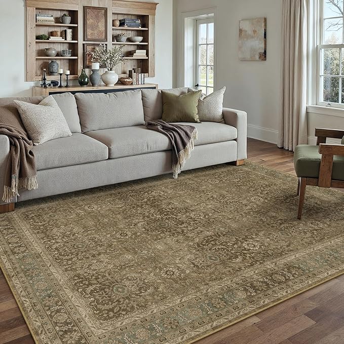 Brown 5x7 Area Rug Washable Vintage Carpet for Living Room Office Soft Retro Floral Low Pile Thin Indoor Rug Non Slip Traditional Distressed Floor Cover for Bedroom Dining Room