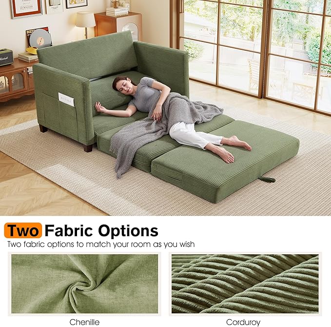 51" Loveseat Sleeper Sofa Bed, Corduroy Convertible Floor Sofa Bed for Small Spaces, Folding Couch Bed with Deep Seat, 2 Pillows & Solid Frame, Pull Out Floor Couch for Living Room, Green