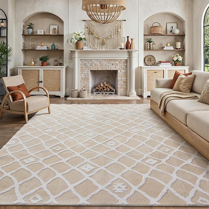 Ivory 6x9 Area Rug Moroccan Shag Living Room Washable Carpet Soft Non Shedding Neutral Boho Plush Pile Modern Large Throw Rug for Office Bedroom Dining Room Playroom