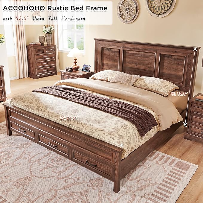 ACCOHOHO Farmhouse King Size Bed Frame with 52" Tall Headboard, Wood Platform Bedframe with Footboard and Storage Drawers, No Squeak, No Box Spring Needed, Brown