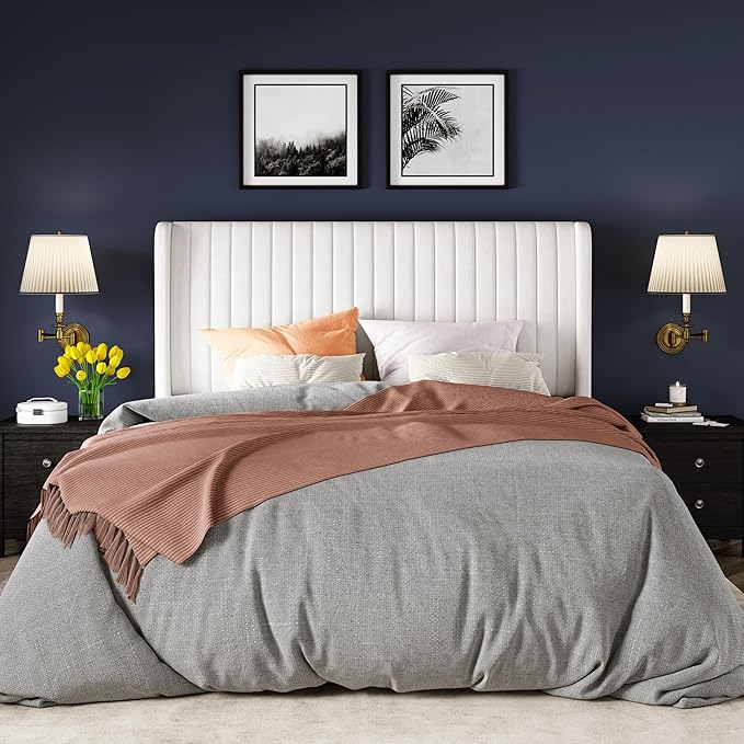 Allewie Full Size Velvet Bed Frame/Vertical Channel Tufted Wingback Headboard/Upholstered Platform Bed/Strong Wooden Slats/No Box Spring Needed/Easy Assembly/White