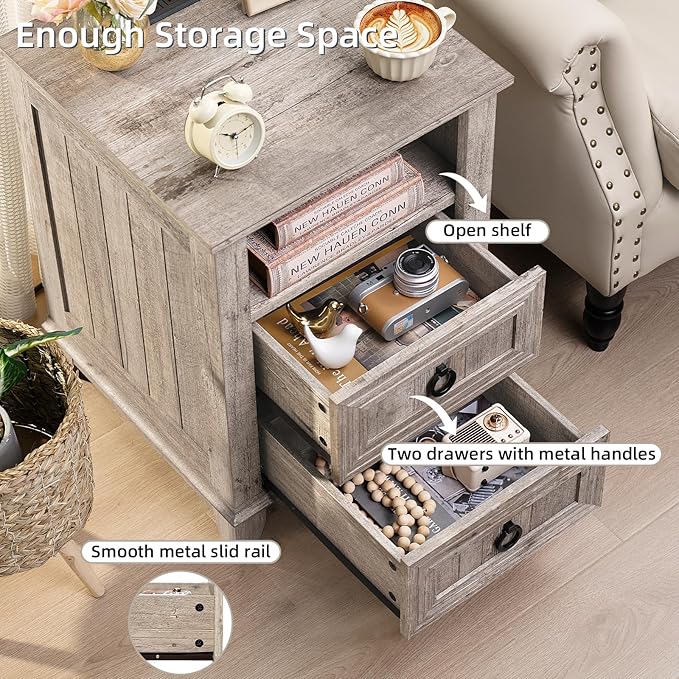 18" Farmhouse Night Stand with Charging Station, 2 Drawers End Table Dresser for Bedroom, Oak Wooden Nightstand, Bed Side Table with Open Shelf, Bedside Cabinet for Living Room, Closet