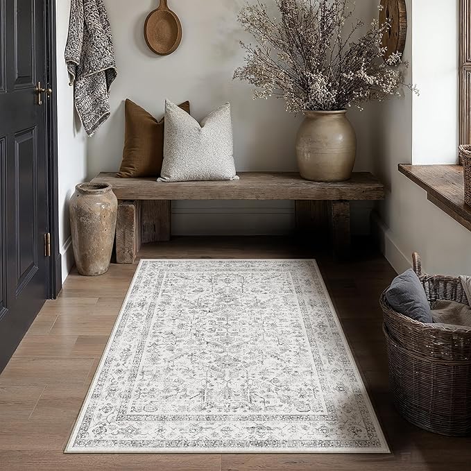 Grey 3x5 Entryway Rug Vintage Area Carpet Indoor Kitchen Washable Door Mat Entrance Small Low Pile Traditional Distressed Retro Accent Throw Rug Non Slip Office Bathroom