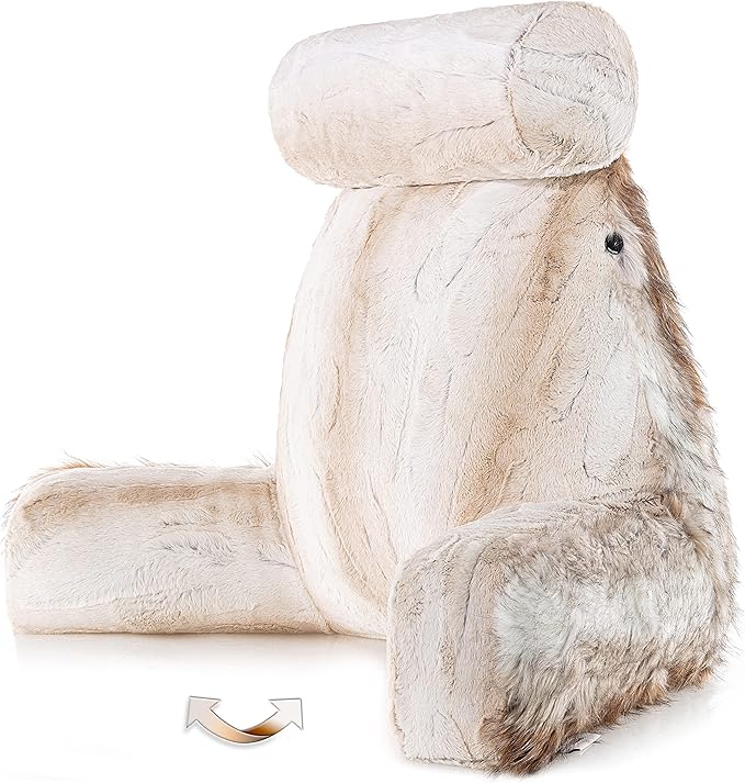 Husband Pillow XXL Rare Baby Coyote Fabulous Faux Fur Backrest, 2-Tone Reversible Double Sided Reading & Bed Rest Pillow with Arms & Neck Roll, Adjustable Memory Foam - Sit Up Extremely Comfy