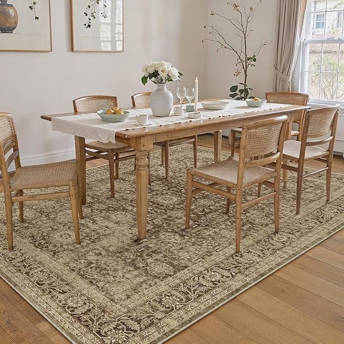 Brown 8x10 Area Rug Non Slip Large Vintage Living Room Distressed Machine Washable Retro Carpet Indoor Bedroom Traditional Floral Accent Throw Rug for Office Kitchen Dorm Dining Room