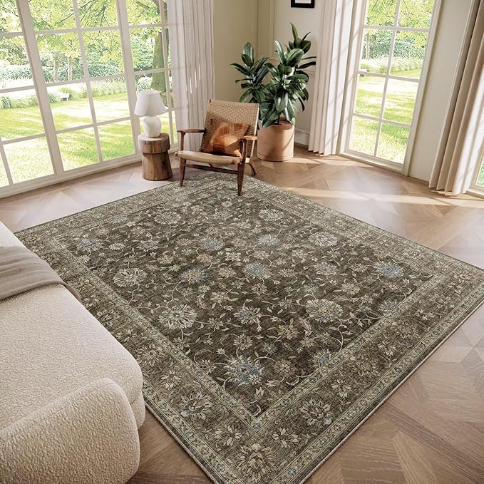 Washable 6x9 Area Rugs for Living Room, Boho Non-Slip Vintage Distress Large Rugs for Bedroom Dining Room Nursery Office, 0.3" Neutral Oriental Throw Thin Carpet, Tan/Flaxen/Multi