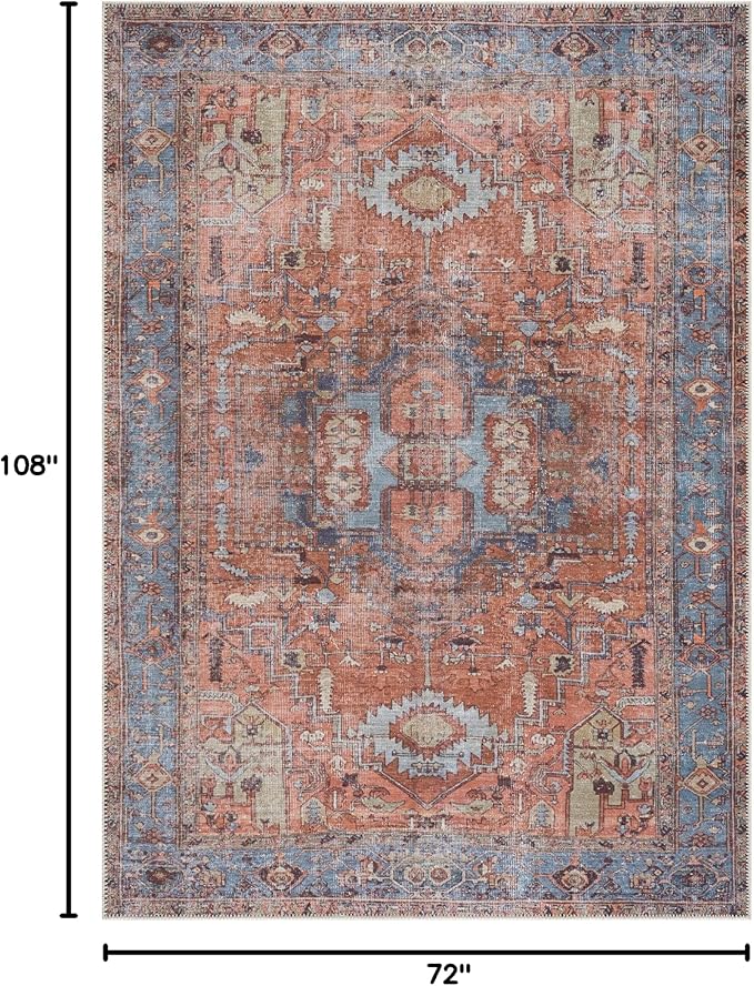 Bloom Rugs Washable 6' x 9' Rug - Terracotta/Blue Traditional Area Rug for Living Room, Bedroom, Dining Room, and Kitchen - Exact Size: 6' x 9'
