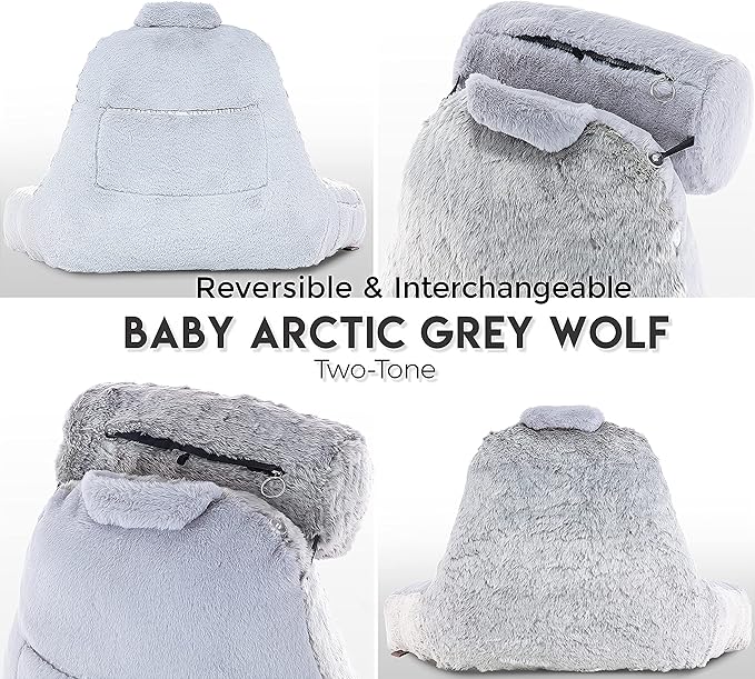 Husband Pillow XXL Rare Baby Arctic Grey Wolf Backrest, Two-Tone Reversible Double Sided Fabulous Faux Fur Reading & Bed Rest Pillow with Arms & Neck Roll, Adjustable Memory Foam - Extremely Comfy