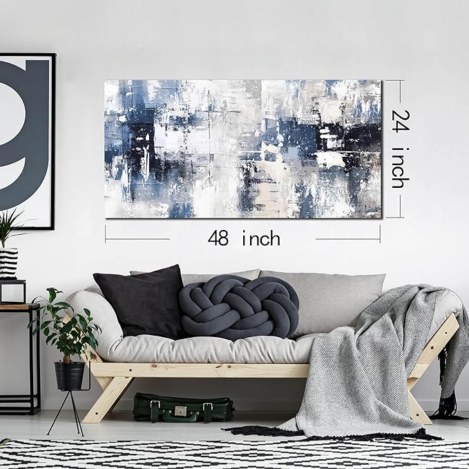 Prepeyssee White and Blue Abstract Canvas Wall Art for Living Room Bedroom Home Office Large Modern Grey Abstract Canvas Prints Picture Ready to Hang Size 24x48