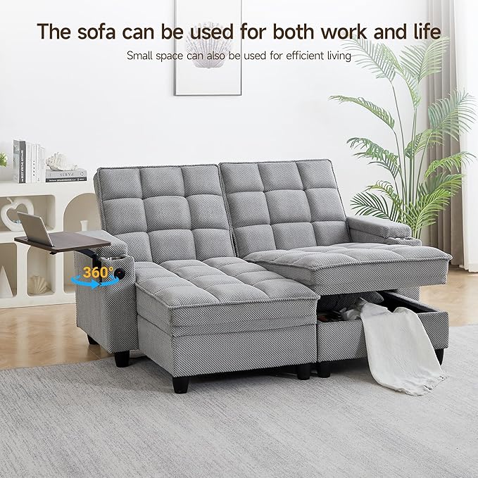 70.9" Chaise Lounge Chair Indoor, Oversized Boucle Upholstered Sofa Bed, Adjustable Backrest Deep Seat Reading Chair, Sofas Couches for Living Room with Storage, Cup Holders & 360° Swivel Side Table